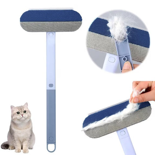 The Fur Paddle with its long handle, with close-ups of the comb clearing fur and a hand peeling fur off the navy pad