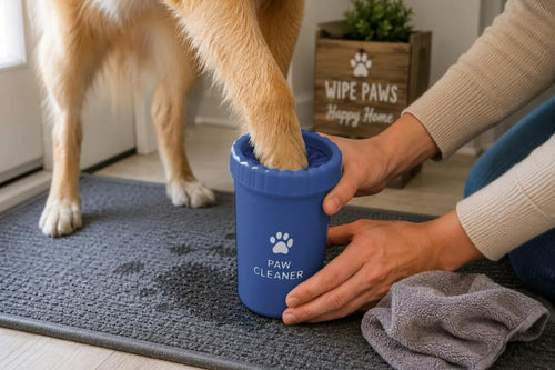 A navy Paw Cleaner cup with a golden retriever's paw inside, on a doormat